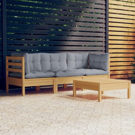 Salon de jardin 4 pcs Ensemble Table et Chaise de Jardin - avec coussins gris Bois de pin BV929143 - BonneVie (1/5)