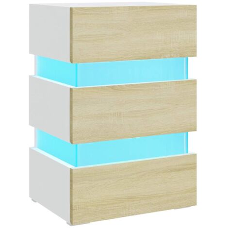 Table de chevet - Bout de Canapé Armoire De Rangement LED Blanc et chêne sonoma 45x35x67 cm Aggloméré BV168498 - BonneVie (1/5)