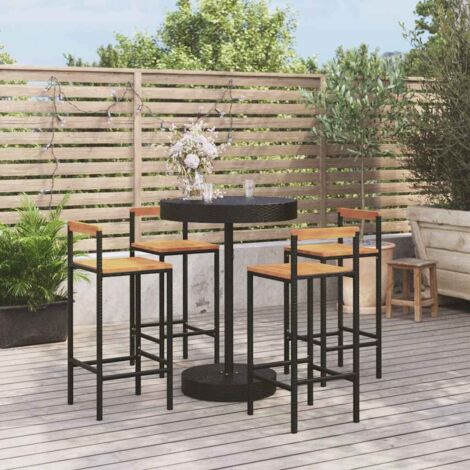 Ensemble de bar jardin 5 pcs-Bar d'extérieur noir poly rotin/bois massif acacia 216755