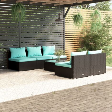 Salon de jardin 6 pcs Ensemble Table et Chaise de Jardin - avec coussins Résine tressée Noir BV806285 - BonneVie (1/5)