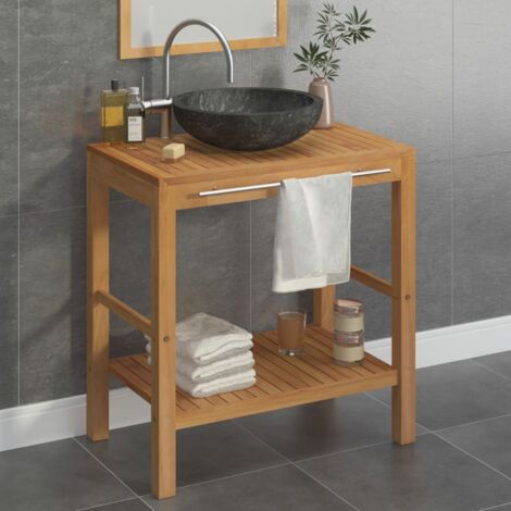 Armoire de salle de bain - Meuble de rangement en teck solide avec lavabo en marbre Noir BV506425 - BonneVie (1/5)