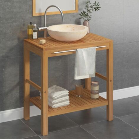 Armoire de salle de bain - Meuble de rangement en teck solide avec lavabo en marbre Crème BV427468 - BonneVie (1/5)
