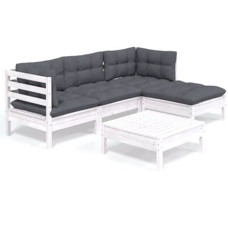 Salon de jardin 5 pcs Contemporain, Ensemble repas de jardin, avec coussins Blanc Bois de pin OIB5383E (1/5)