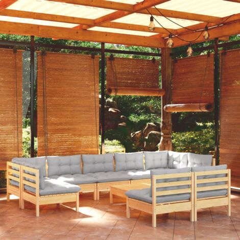 Salon de jardin 10 pcs Contemporain, Ensemble repas de jardin, avec coussins gris Bois de pin massif OIB3933E (1/5)