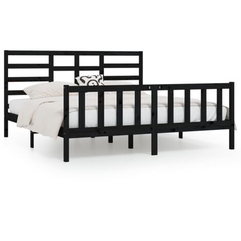 Lit adulte pour 2 personnes, Structure de lit, Assemblage Facile, Noir Bois de pin massif 200x200 cm OIB6298E (1/5)