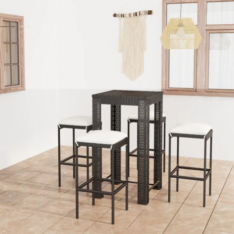 Ensemble Table de bar + 4 Chaises de bar de jardin - Table Haute avec 4 Tabourets et coussins Résine tressée Noir BV843800 - BonneVie (1/5)