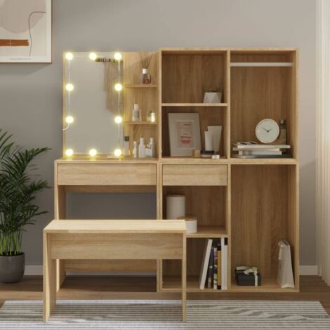 Ensemble de coiffeuse + tabouret avec LED - Table console avec tabouret Chêne Sonoma Bois d'ingénierie BV981079 - BonneVie (1/5)