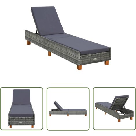The Living Store Transat avec coussin Résine tressée Gris - Chaise Longue - Transat - Mobilier De Jardin - Relax - Bain De Soleil (1/5)