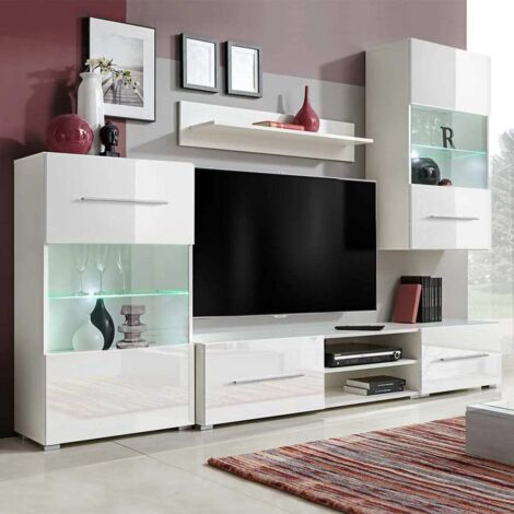 5 pcs Meuble TV mural avec éclairage LED - Armoire TV Contemporain Blanc (1/5)