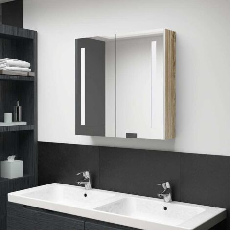 Meuble de salle de bain Armoire de salle de bain à miroir LED Blanc et chêne 62x14x60cm (1/5)