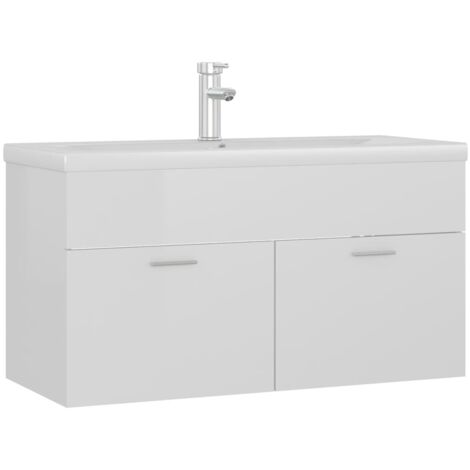 INLIFE Armoire d'évier avec lavabo intégré Blanc brillant Aggloméré (1/5)