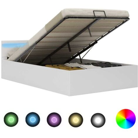 Lit double pour adulte Cadre de lit - à rangement avec LED Blanc Similicuir 140x200 cm BV742163 - BonneVie (1/5)