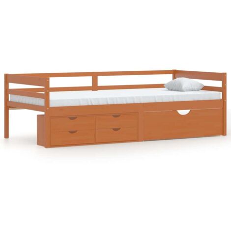 Lit adulte pour 1 personnes, Structure de lit, Assemblage Facile, avec tiroirs et armoire Marron miel Pin 90x200 cm OIB6483E (1/5)
