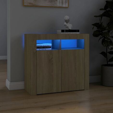 Buffet avec lumières LED - Armoire de rangement Enfilade Chêne sonoma 80x35x75 cm BV172936 - BonneVie (1/5)