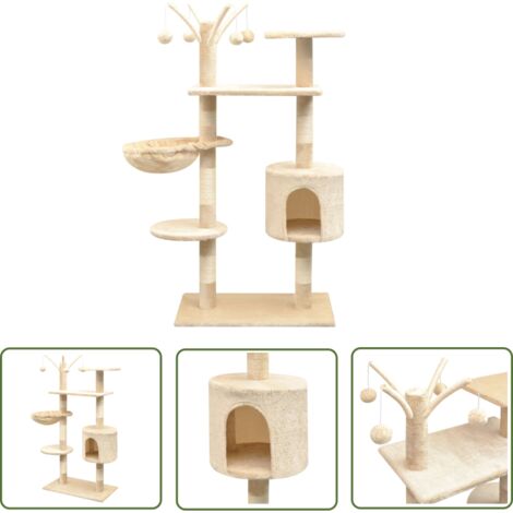 Arbre à chat griffoir grattoir niche jouet animaux peluché en sisal 125 cm beige (1/4)