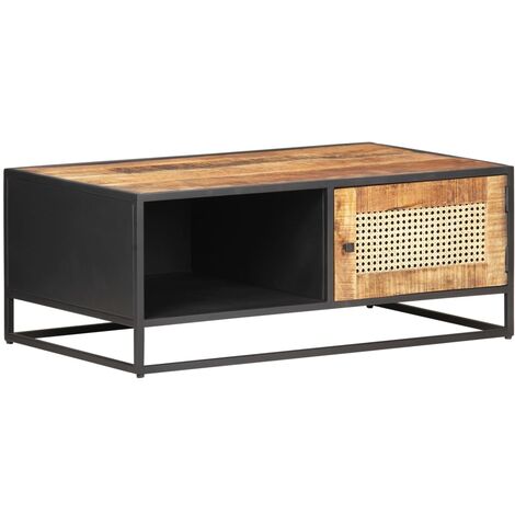 Table basse Table de salon Bout de canapé 90x50x35cm Bois de manguier brut et canne naturelle 82142 (1/5)