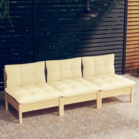 Canapé fixe 3 places de jardin Sofa Banquette de jardin et coussins crème Bois de pin solide 40185 (1/5)