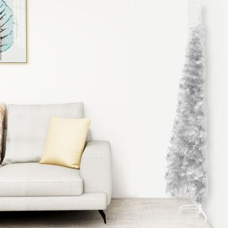 Demi Sapin de Noël artificiel Arbre de Noël mince avec support Argenté 210 cm 89177 (1/5)