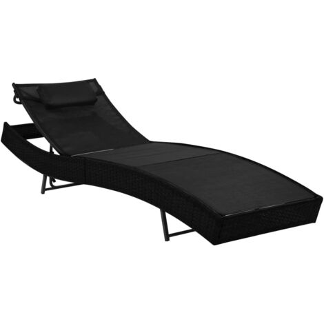 Chaise longue  Bain de soleil Transat avec oreiller Résine tressée Noir 90254 (1/5)