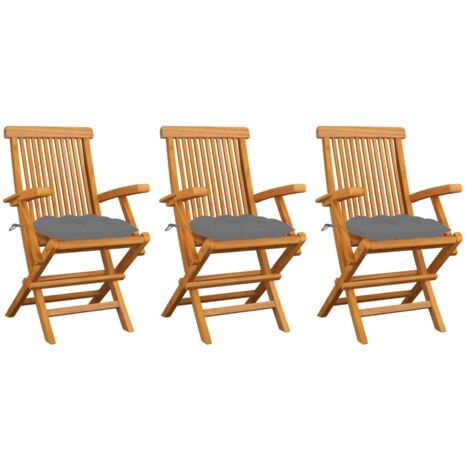 Lot de 3 Chaises de jardin avec coussins gris - Chaise d'extérieur pour terrasse/jardin Bois de teck massif BV429958 - BonneVie (1/5)