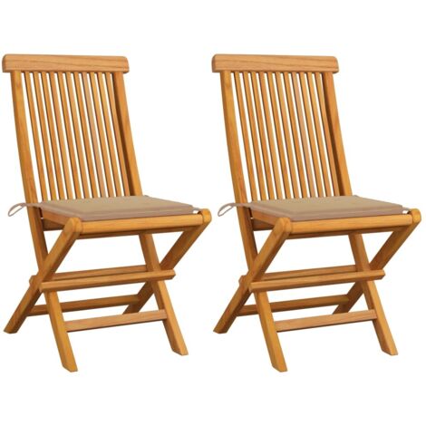 Lot de 2 Chaises de jardin avec coussins beige - Chaise d'extérieur pour terrasse/jardin Bois de teck massif BV125421 - BonneVie (1/5)