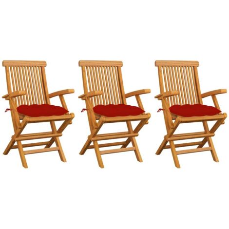 Lot de 3 Chaises de jardin avec coussins rouge - Chaise d'extérieur pour terrasse/jardin Bois de teck massif BV485027 - BonneVie (1/5)