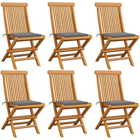 Lot de 6 Chaises de jardin avec coussins gris Fauteuil de Jardin Chaise d'extérieur Bois de teck massif 39435 (1/5)