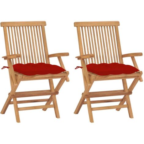 Lot de 2 Chaises de jardin avec coussins rouge - Chaise d'extérieur pour terrasse/jardin Bois de teck massif BV617966 - BonneVie (1/5)