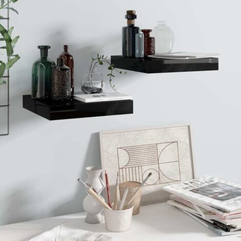 Lot de 2 Étagère murale flottante Étagère de Rangement - Meuble de rangement Noir brillant 23x23,5x3,8 cm MDF BV390311 - BonneVie (1/5)