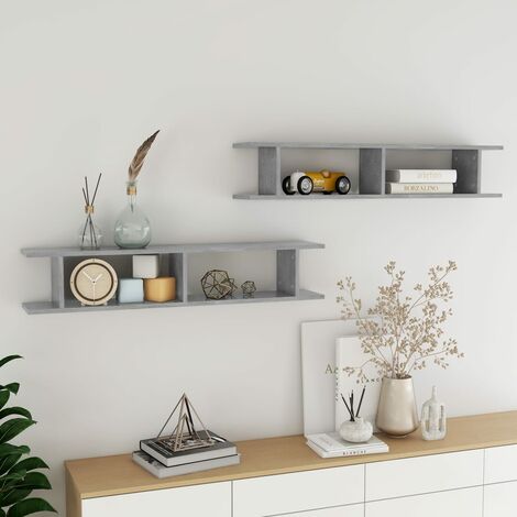 Lot de 2 Étagères murales Armoire murale Meuble Étagère Gris béton 105x18x20 cm Aggloméré 74738 (1/5)