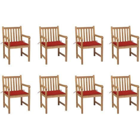 Lot de 8 Chaises de jardin - Chaises d'extérieur pour terrasse/jardin avec coussins rouge Bois de teck massif BV268525 - BonneVie (1/5)