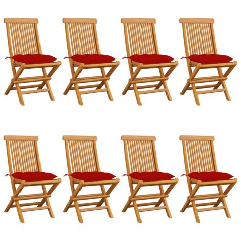 Lot de 8 Chaises de jardin avec coussins rouge - Chaise d'extérieur pour terrasse/jardin Bois de teck massif BV161863 - BonneVie (1/5)