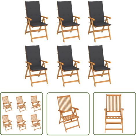 Lot de 6 Chaises de jardin et de camping, Chaises de relaxation, avec coussins anthracite Bois de teck OIB1630E (1/5)