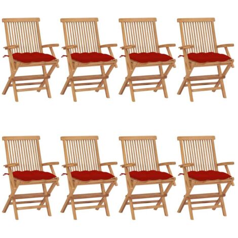 Lot de 8 Chaises de jardin avec coussins rouge - Chaise d'extérieur pour terrasse/jardin Bois de teck massif BV250658 - BonneVie (1/5)