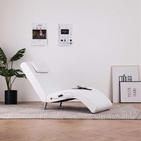 Chaise longue de massage Bain de soleil Transat avec oreiller Blanc Similicuir 44851 (1/5)