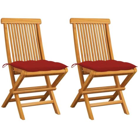 Lot de 2 Chaises de jardin avec coussins rouge - Chaise d'extérieur pour terrasse/jardin Bois de teck massif BV568599 - BonneVie (1/5)