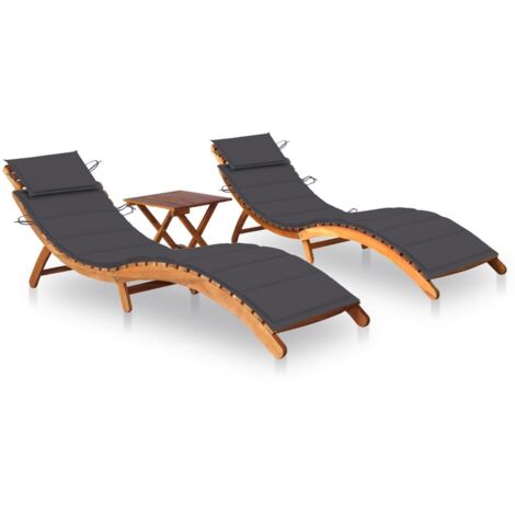 Lot de 2 Bains de soleil Chaises de jardin - Transat de jardin avec table et coussins Acacia solide BV735609 - BonneVie (1/5)