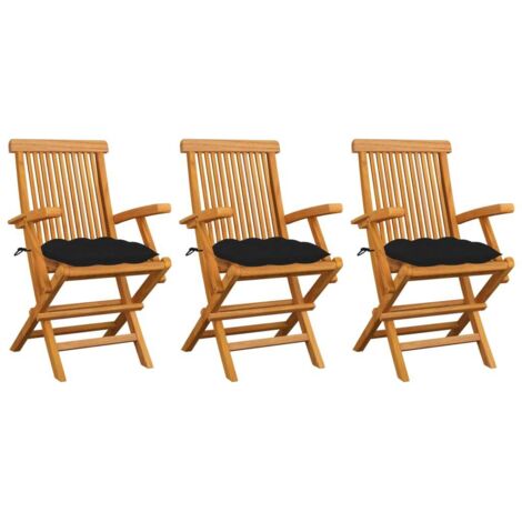 Lot de 3 Chaises de jardin avec coussins noir - Chaise d'extérieur pour terrasse/jardin Bois de teck massif BV628681 - BonneVie (1/5)