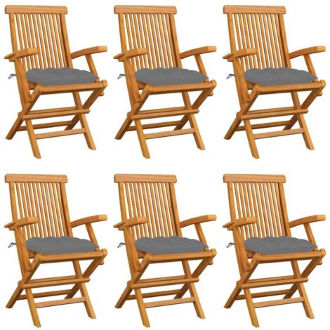 Lot de 6 Chaises de jardin avec coussins gris - Chaise d'extérieur pour terrasse/jardin Bois de teck massif BV108136 - BonneVie (1/5)