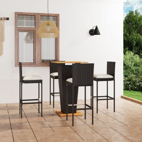 Ensemble Table de bar + 4 Chaises de bar de jardin - Table Haute avec 4 Tabourets et coussins Résine tressée Noir BV376225 - BonneVie (1/5)