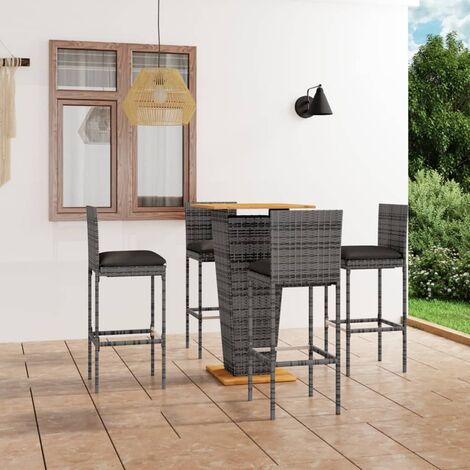 Ensemble Table de bar + 4 Chaises de bar de jardin - Table Haute avec 4 Tabourets et coussins Résine tressée Gris BV980406 - BonneVie (1/5)