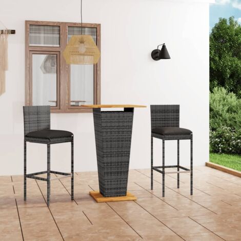 Ensemble Table de bar + 2 Chaises de bar de jardin - Table Haute avec 2 Tabourets et coussins Résine tressée Gris BV844490 - BonneVie (1/5)