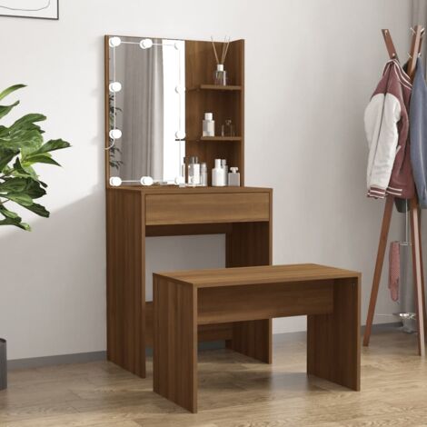 Ensemble de coiffeuse avec LED Coiffeuse + tabouret  Table de maquillage Chêne marron Bois d'ingénierie 90084 (1/5)