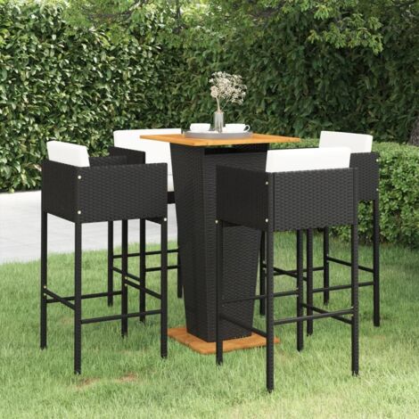 Ensemble Table de bar + 4 Chaises de bar de jardin - Table Haute avec 4 Tabourets et coussins Résine tressée Noir BV638797 - BonneVie (1/5)