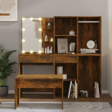 Ensemble de coiffeuse avec LED Coiffeuse + tabouret  Table de maquillage Chêne fumé Bois d'ingénierie 47546 (1/5)