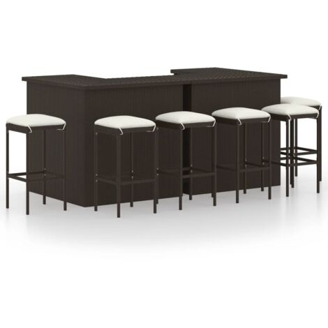 Ensemble 2 Table de bar + 6 Chaises de bar de jardin - 2 Table Haute avec 6 Tabourets et coussins Résine tressée Marron BV127412 - BonneVie (1/5)
