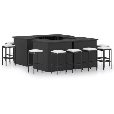 Ensemble 4 Table de bar + 12 Chaises de bar de jardin - 4 Table Haute avec 12 Tabourets et coussins Résine tressée Noir BV103936 - BonneVie (1/5)