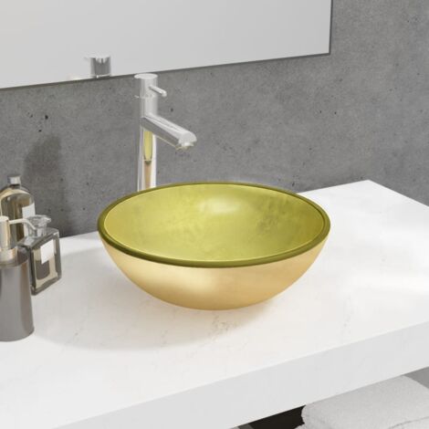 Lavabo Vasque à poser pour salle de bain Verre trempé 35x12 cm Doré 13516 (1/4)