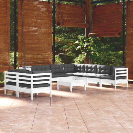 Salon de jardin 10 pcs Ensemble Table et Chaise de Jardin - avec coussins Blanc Bois de pin massif BV817791 - BonneVie (1/5)