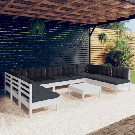 Salon de jardin 10 pcs Ensemble Table et Chaise de Jardin - avec coussins Blanc Bois de pin solide BV636167 - BonneVie (1/5)